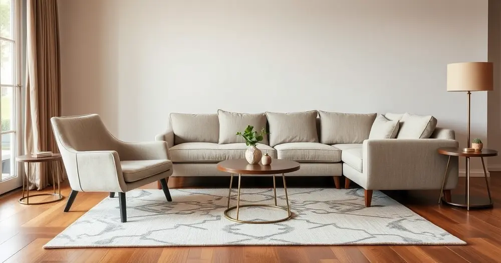 Sala de estar com sofá claro e uma poltrona posicionada em ângulo junto à mesa de centro