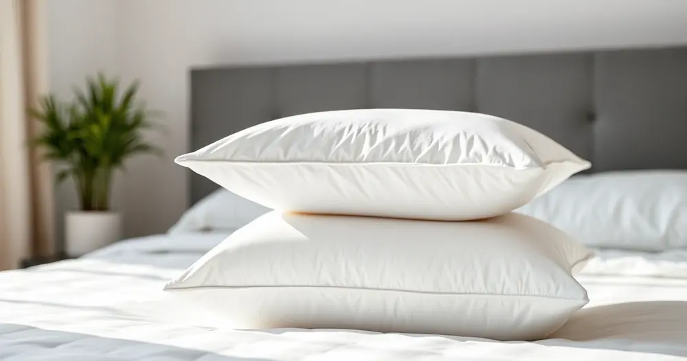 Dois travesseiros brancos empilhados sobre a cama arrumada de um quarto claro