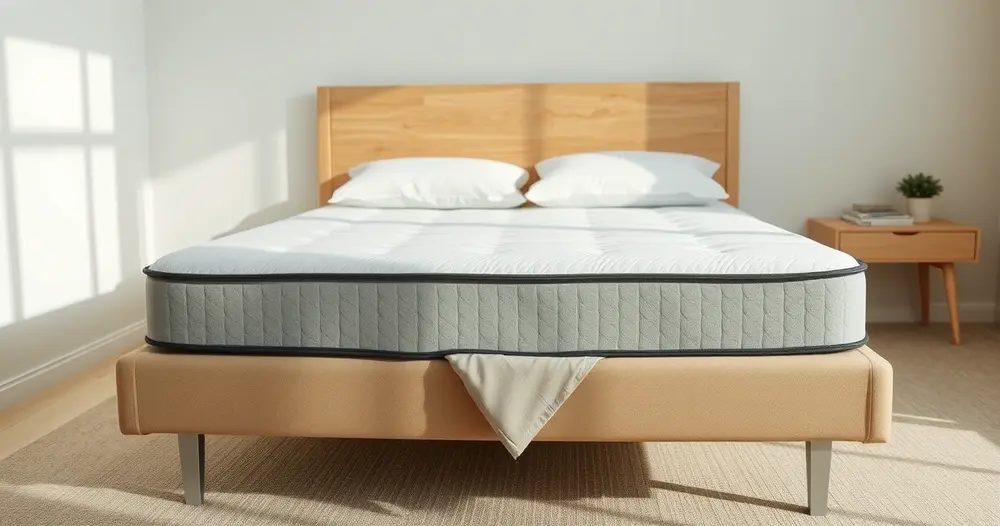 Colchão claro apoiado em base de cama com um lençol dobrado sobre o pé da cama